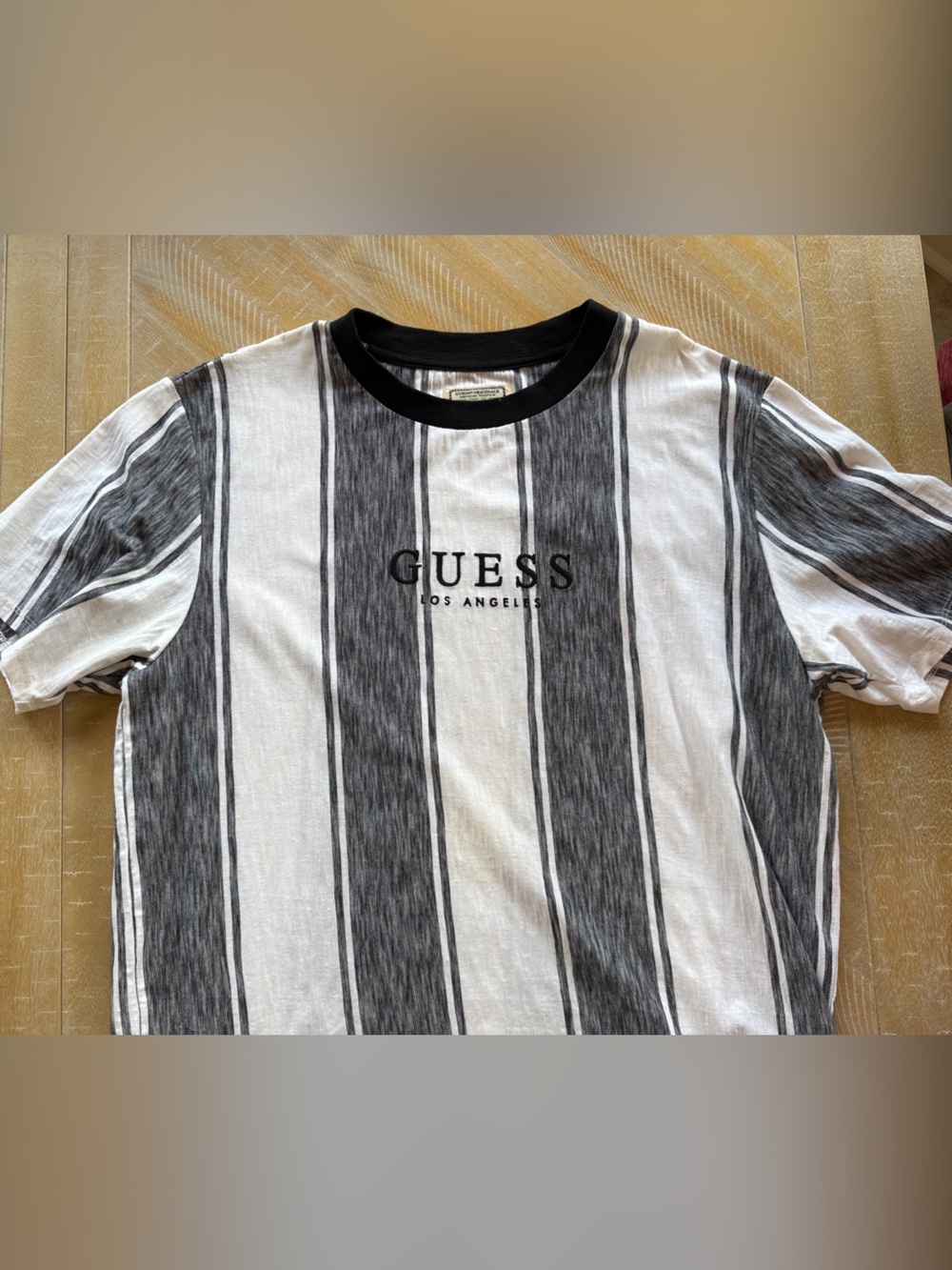 Guess Men's Black & White Striped Crewneck Tee